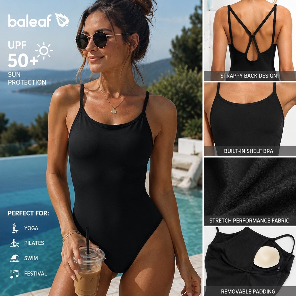 Baleaf One Piece Swimsuit Womens 36 Black Solid Athletic Modern UPF 50+ Training
